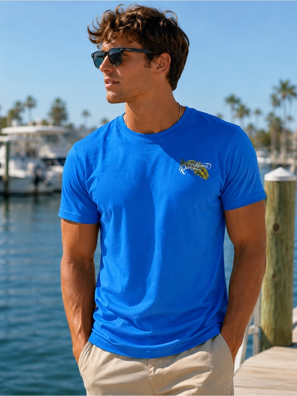 Mens Reel Legends Bright Blue Tee with Yellow Fish Logo